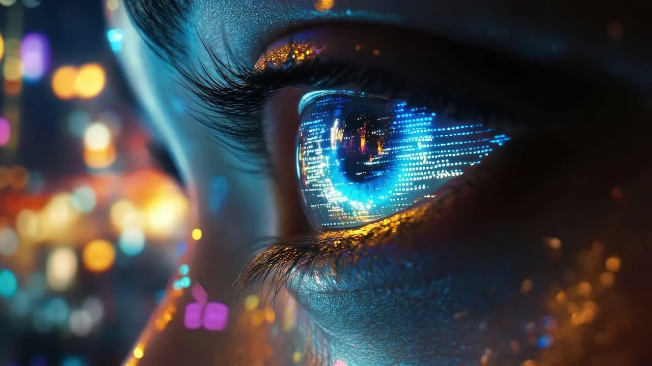 Close-up of a human eye reflecting digital data, symbolizing technology and video innovation