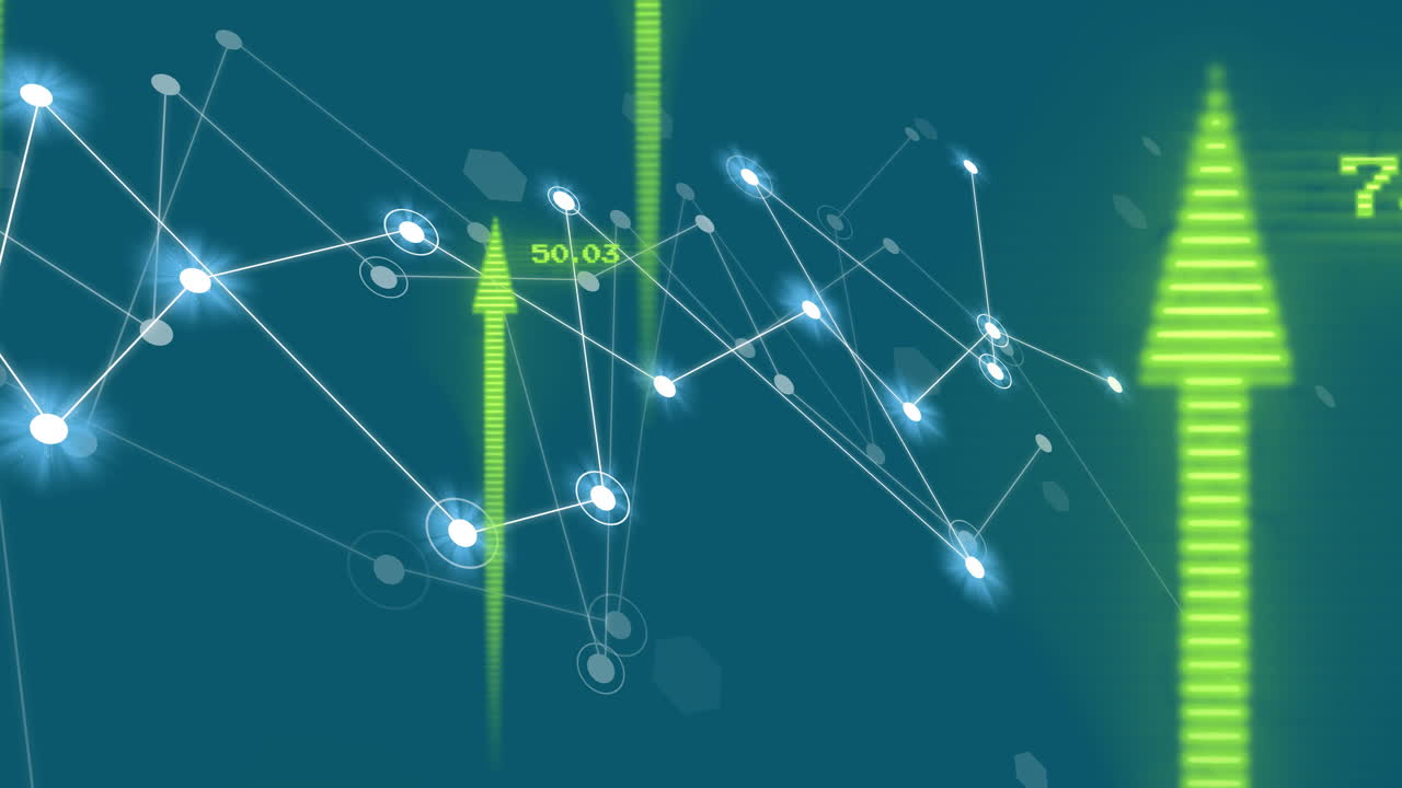 animación de la red de conexiones y procesamiento de datos sobre las flechas verdes hacia arriba