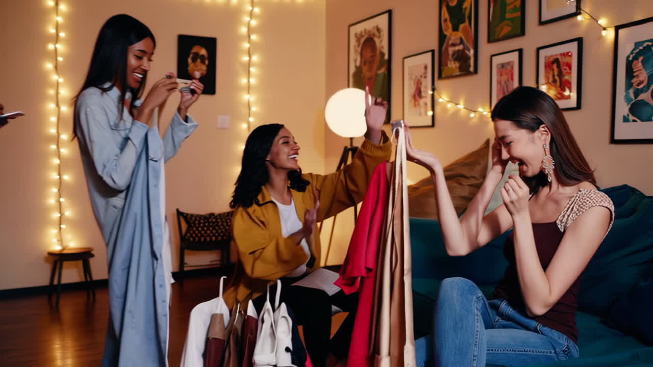 A woman smiles and looks at her phone, showcasing a large earring during a social interaction or video call indoors