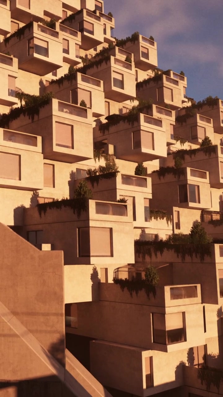 Design de edifício único com muitos níveis localizado em uma área urbana.