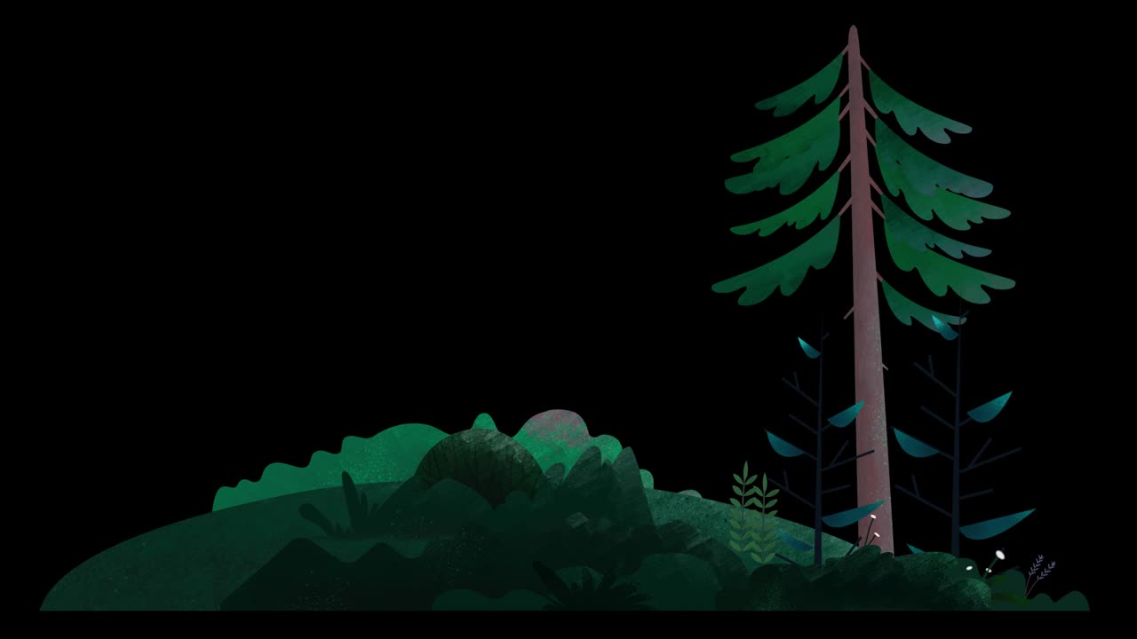 이 없는 루프: 소나무, 덤불, 꽃, 잔디, 언덕에서 바람에 흔들리는, 푸른 빛의 날.