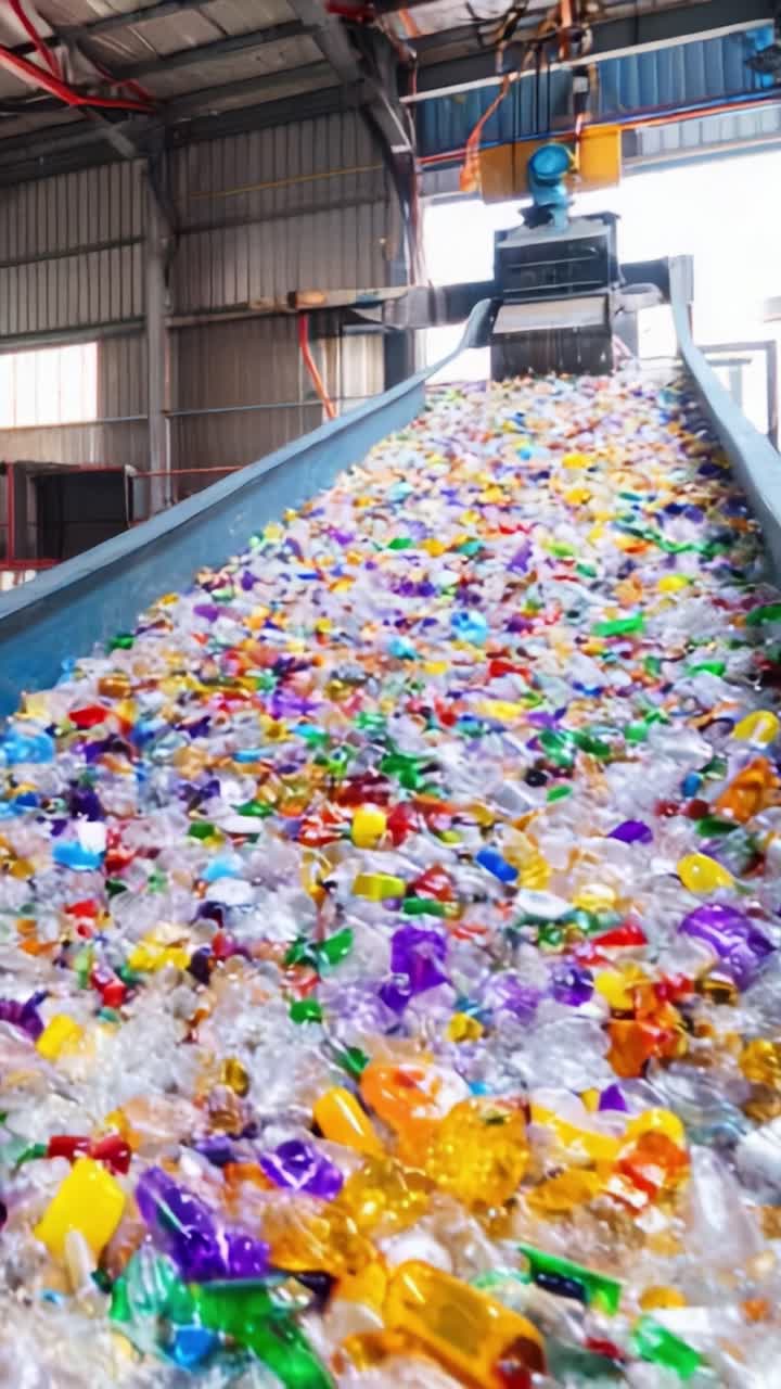 Un vivace flusso di plastica riciclabile colorata che scorre lungo un nastro trasportatore in un impianto di trattamento dei rifiuti incentrato su soluzioni sostenibili di gestione dei rifiuti