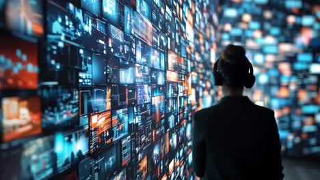 a woman wearing headphones looking at a wall of television screens