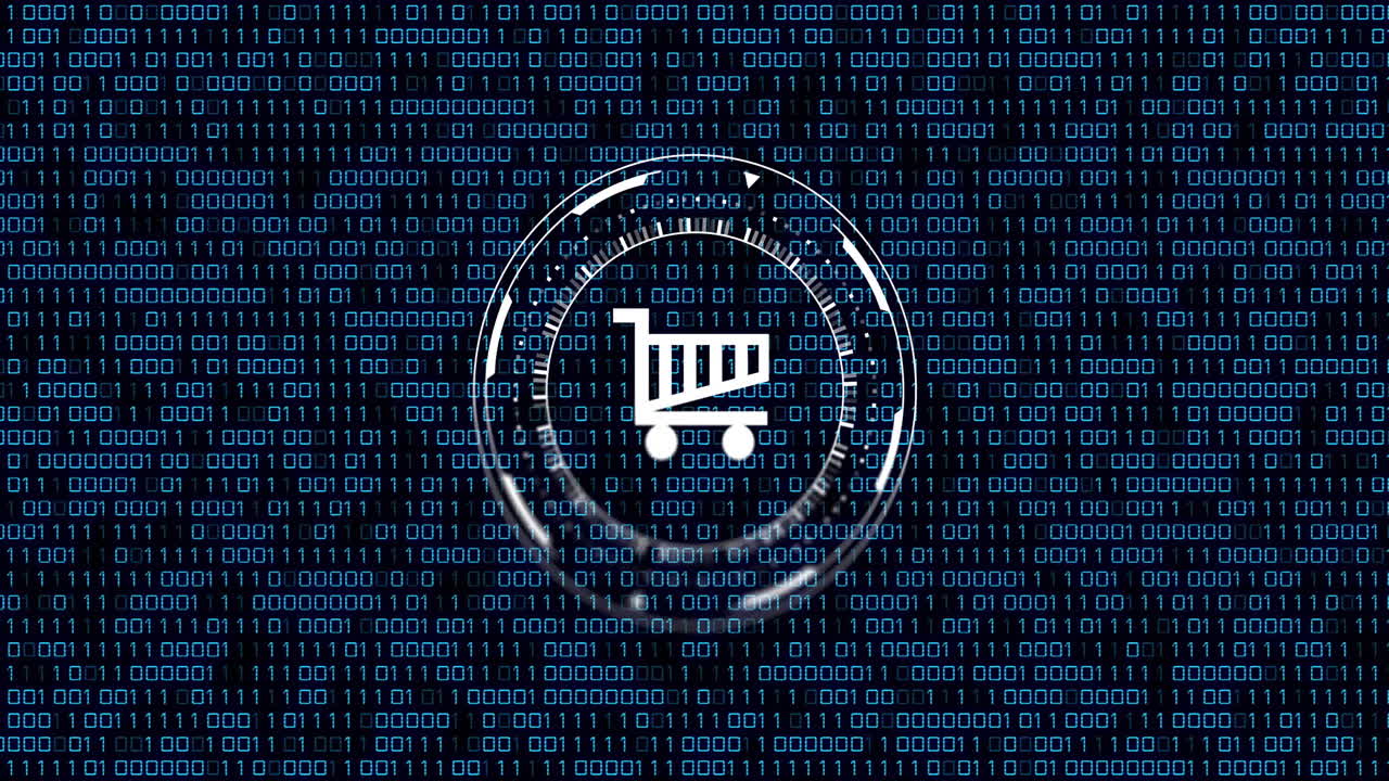 animación del signo del carrito y procesamiento de datos de codificación binaria sobre fondo negro