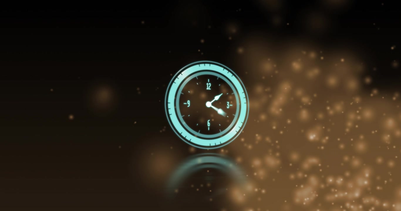 Animation of neon ticking clock against spots of light against black background