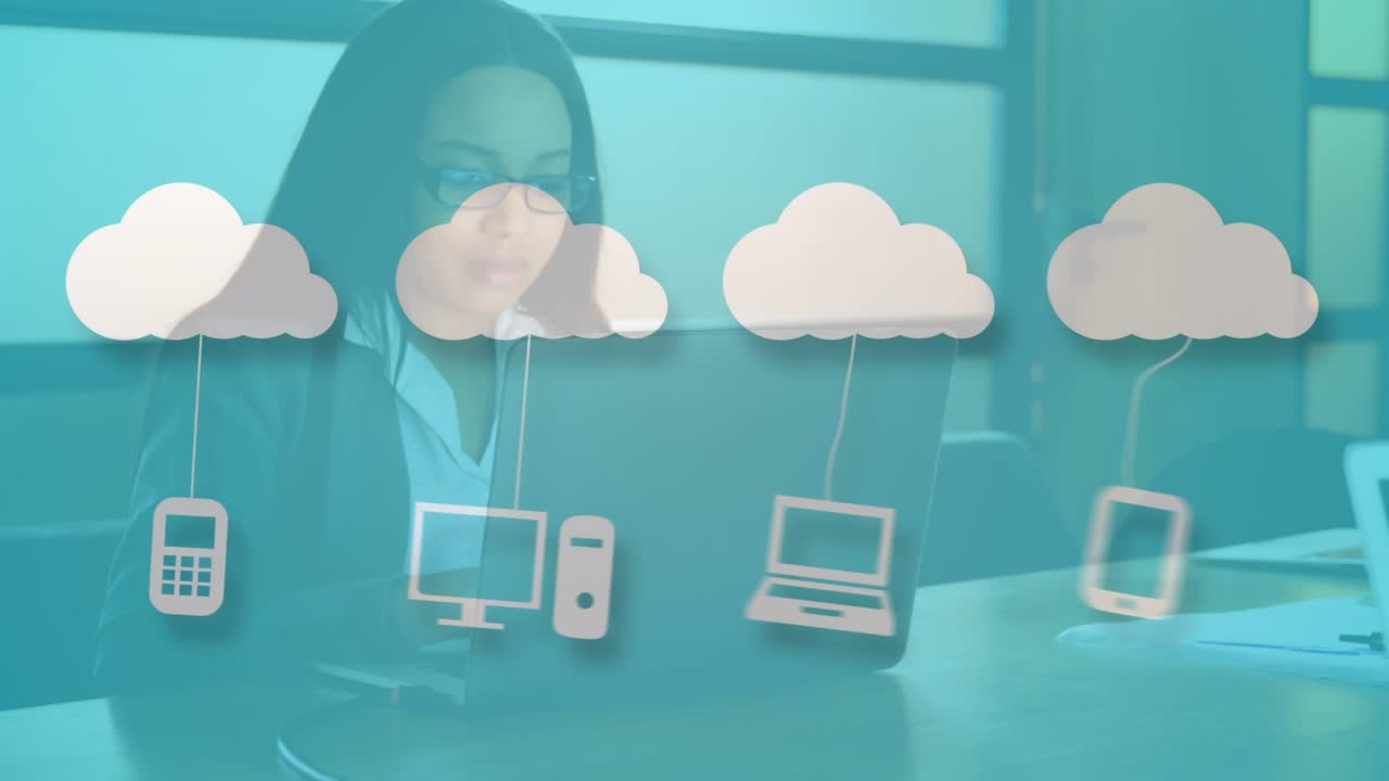 Animation of cloud and digital icons over business people