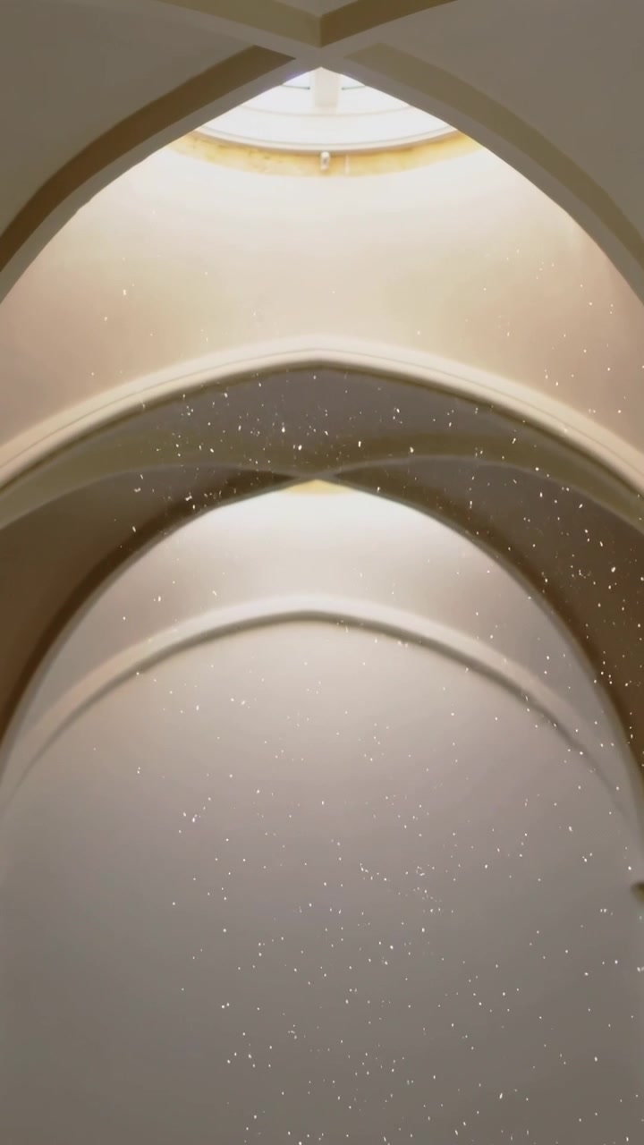縦型動画：カメラを傾けてアトリウムの天窓へのアーチを明らかにし、塵の斑点を調べている