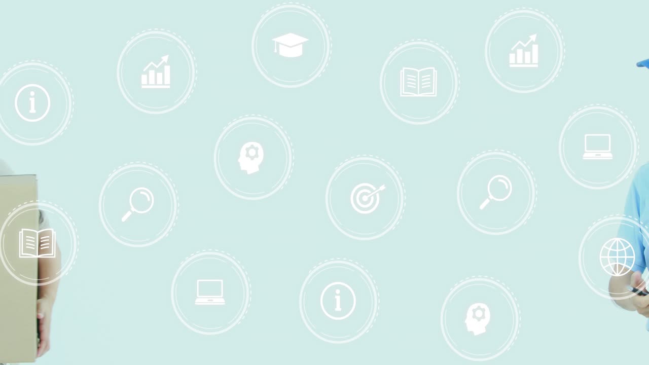 Woman signing receipt lifting parcel to accept delivery, courier steadying box, info icons floating