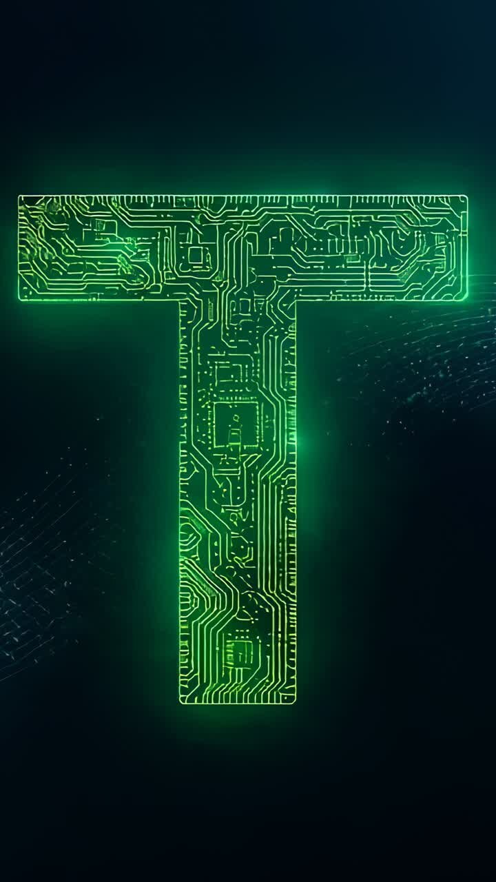 Vídeo vertical: mostrando uma placa de circuito verde neon com um T brilhando em um vazio digital, com partículas à deriva
