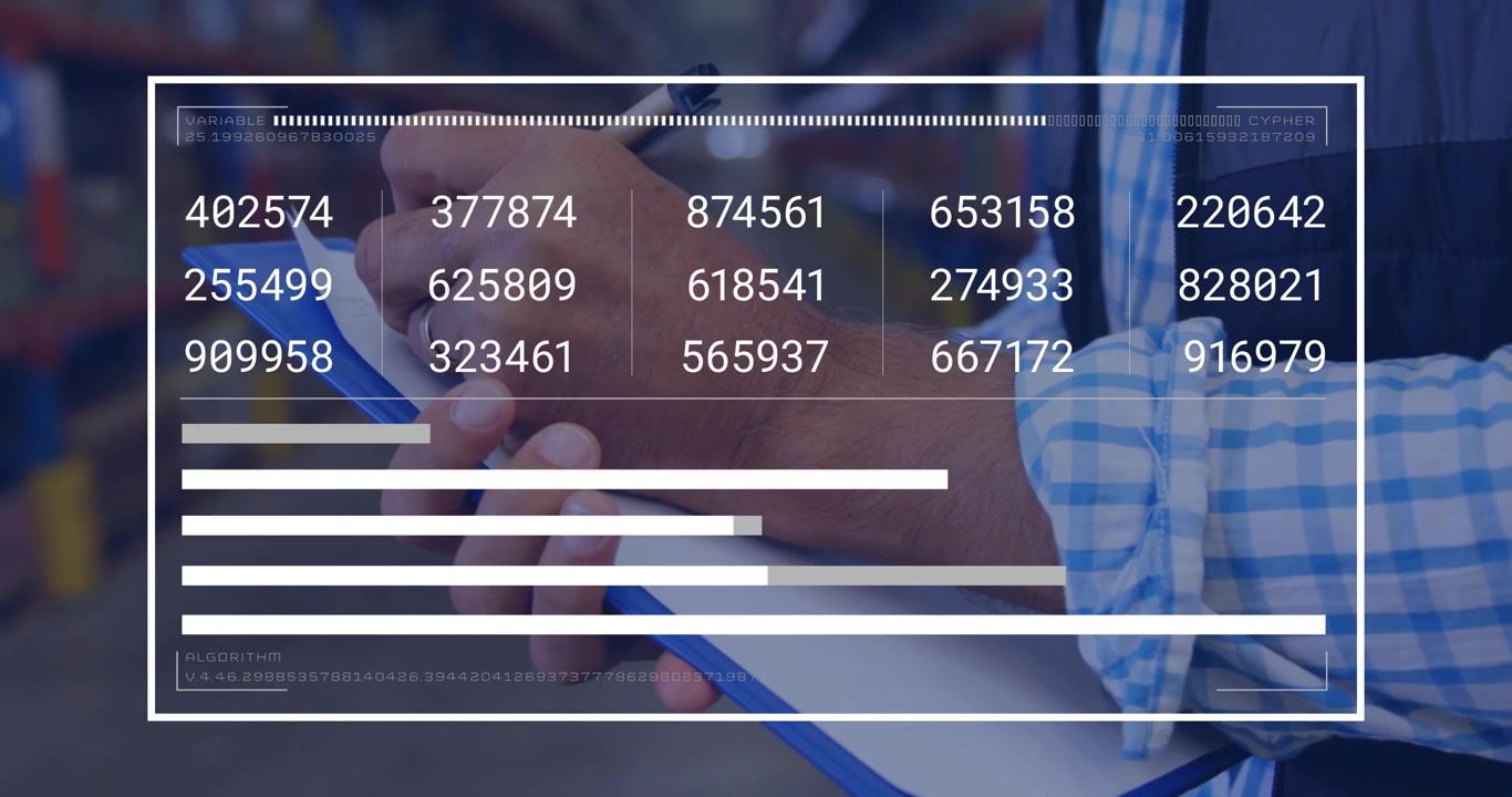 Warehouse tech tapping pen, writing on clipboard as HUD appearing with bars updating stock metrics