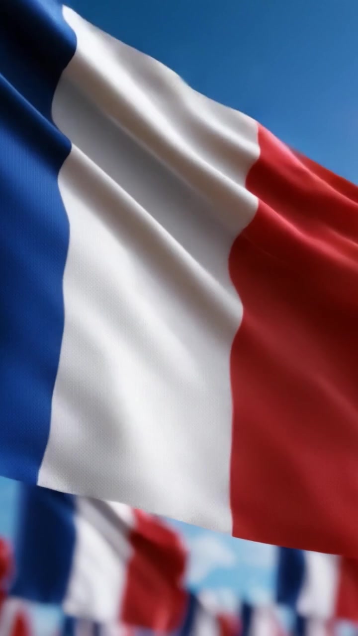 Una vivace esposizione della bandiera francese che sventola dolcemente sotto un cielo azzurro e limpido, simboleggiando l'orgoglio nazionale e l'unità durante celebrazioni ed eventi.