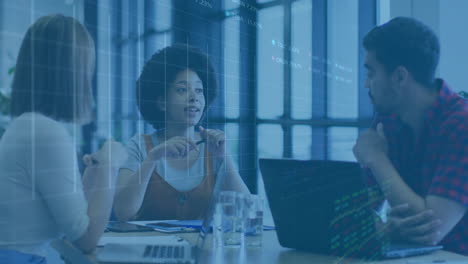 animation of financial data processing over diverse colleagues discussing work in office
