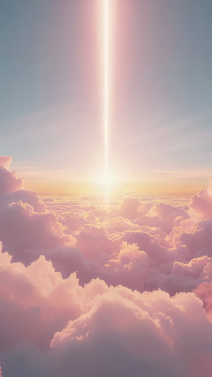 Vertical video: Showing vertical light column rising as horizon brightening above pink clouds, glow
