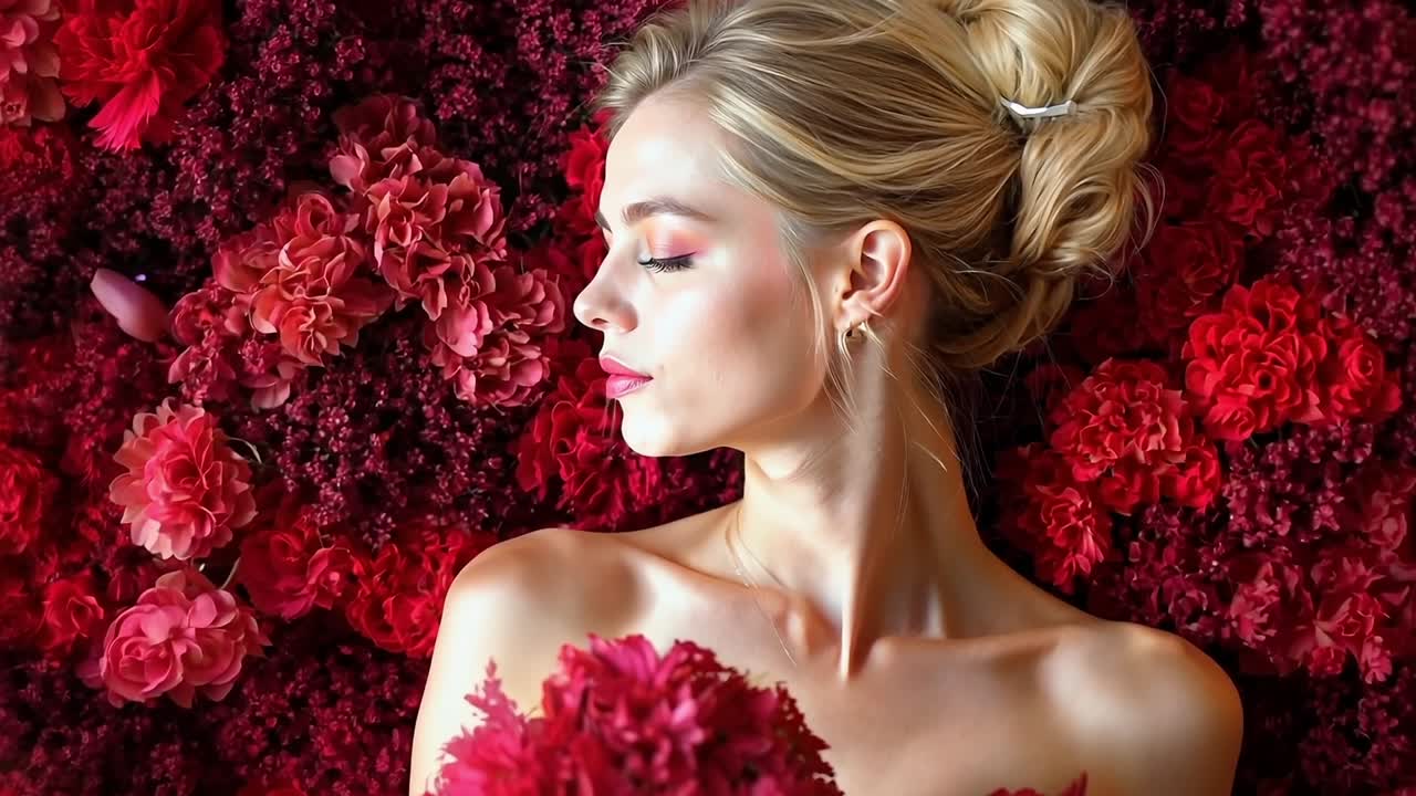 Une femme en robe rouge entourée de fleurs rouges