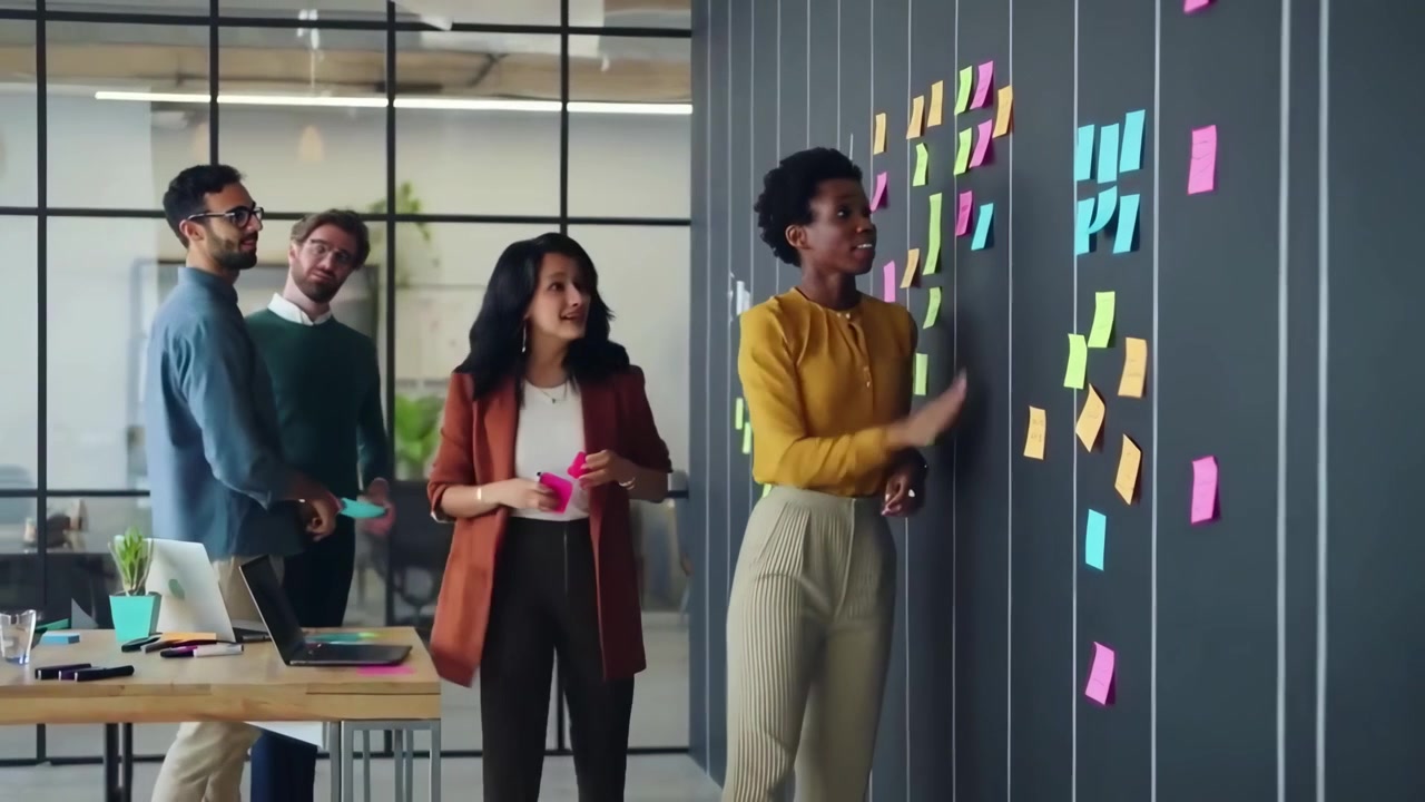 Diverse Business Team Brainstorming Ideas with Sticky Notes in Modern Office