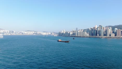 Hong-Kong-bay-and-Skyline-on-a-beautiful-day,-Aerial-view