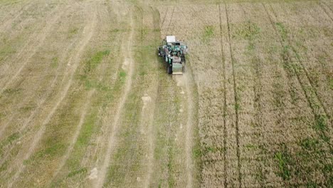 Vista-Aérea-De-Una-Cosechadora-Cosechadora-Verde-Corta-Trigo-En-El-Campo-Para-La-Industria-Alimentaria,-Cultivos-De-Grano-De-Cosecha-Amarilla,-Día-Soleado-De-Verano,-Vista-De-Pájaro-Inclinada-Hacia-Arriba