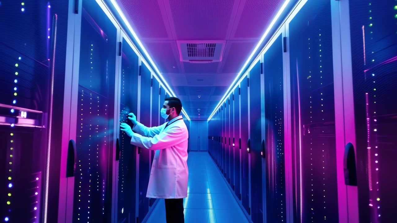 Professionista IT che ispeziona server in un data center futuristico con luci al neon