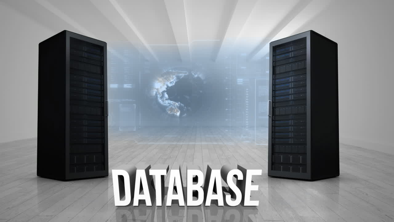 Data servers and numeric dashboard with spinning globe in an empty room