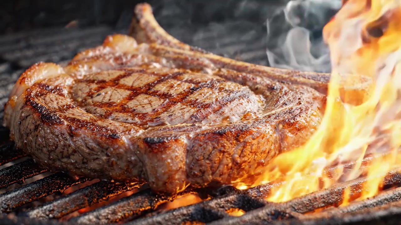 Juicy Grilled Tomahawk Steak Cooking to Perfection on the Grill, Surrounded by Delicious Smoke and Searing Char Marks, Highlighting Culinary Mastery