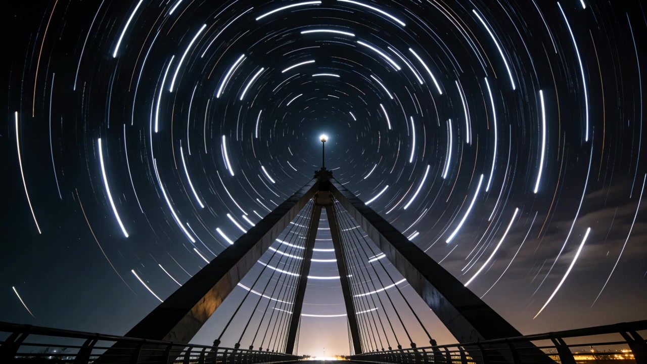 Una telecamera di registrazione su una passerella di un ponte avvia le esposizioni, catturando scie stellari che circondano i cavi del pilone.
