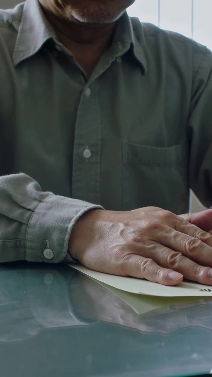 Video verticale: Posizionamento di una cartella, uomo in camicia verde che liscia i fogli su una scrivania di metallo per archiviare.