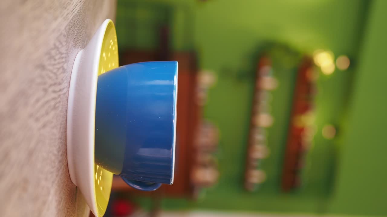 Colorful Coffee Cup on Wooden Table