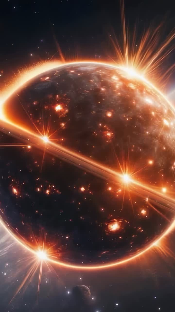 Vertical video: Bright ring appearing slicing molten planet in space, forming glowing debris halo