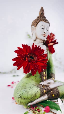 buddha statue with red flowers