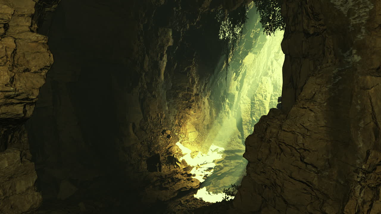 Light filtering through rocks in a tranquil cavern at midday