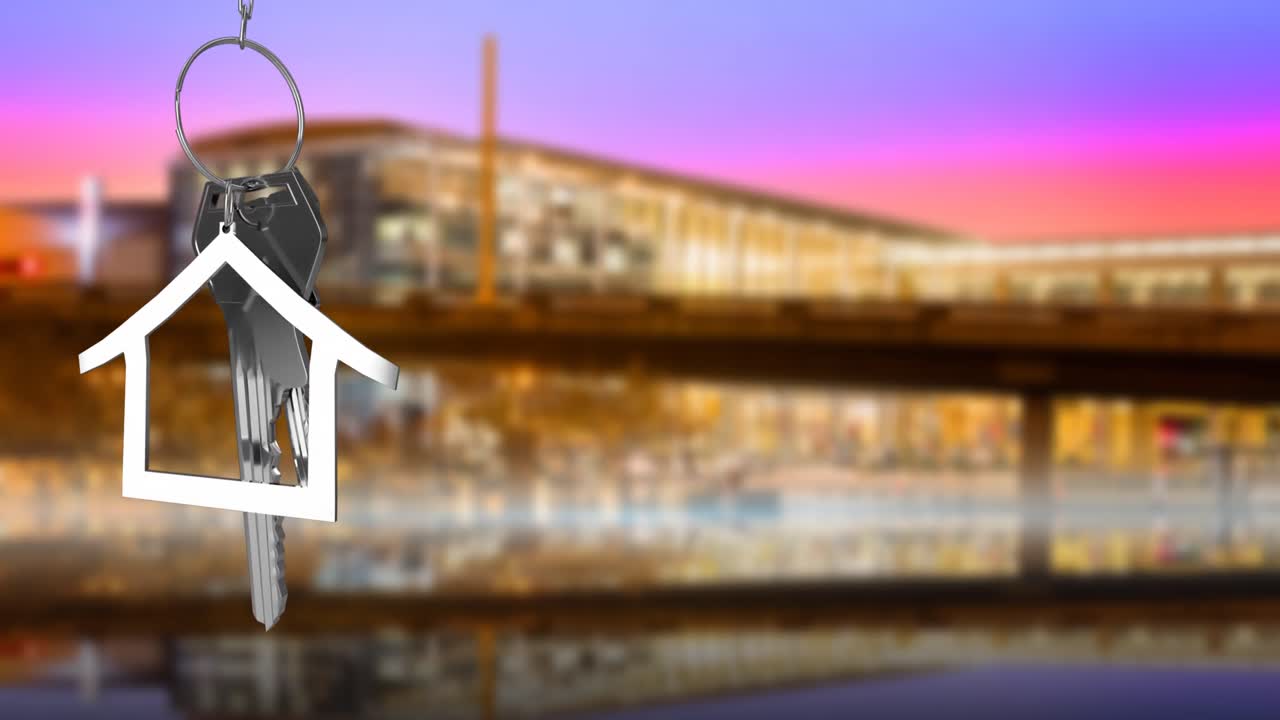 Animazione di modellino di casa e chiave su edificio illuminato sfocato che si riflette sul fiume al crepuscolo