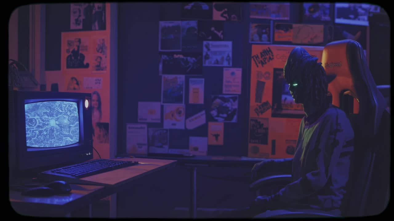 Gamer immersed in a virtual reality experience, wearing a headset and playing on an old computer in a vintage eighties style room filled with colorful posters