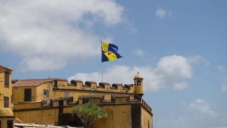 Flag-of-Madeira-waving-on-top-of-beautiful-building