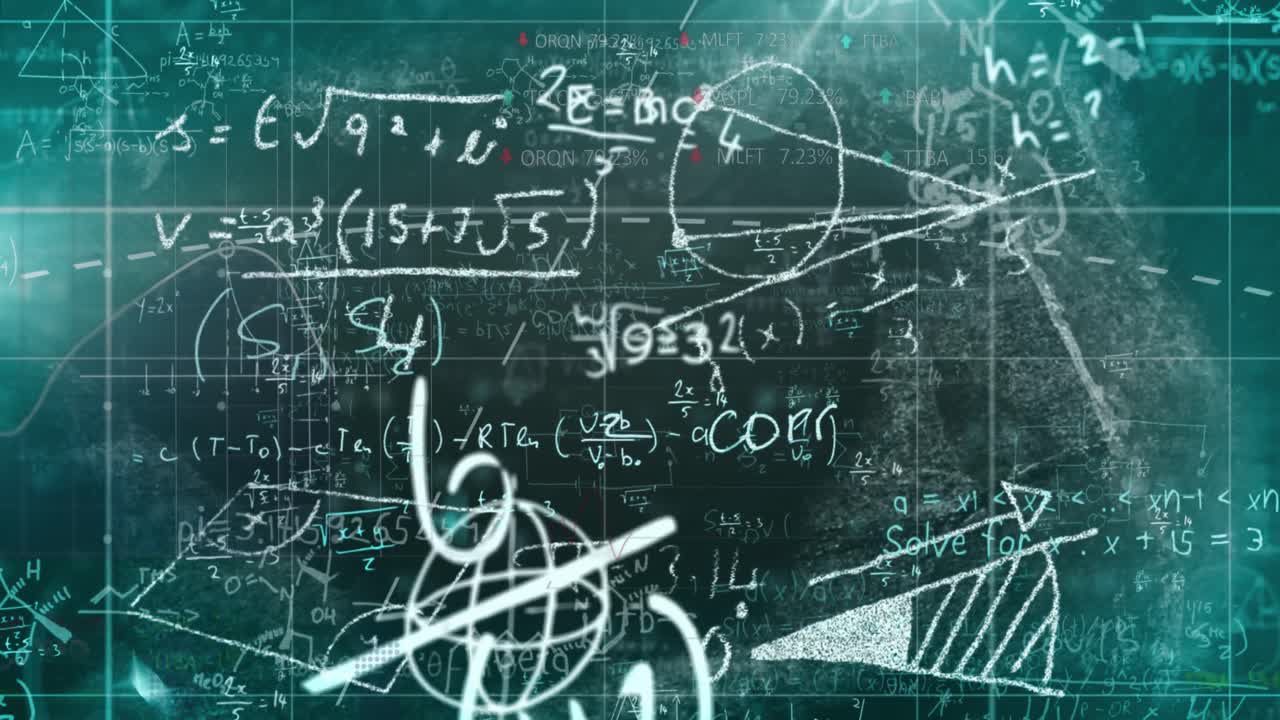 animación de fórmulas científicas digitales y ecuaciones matemáticas que se mueven contra el patrón de cuadrícula