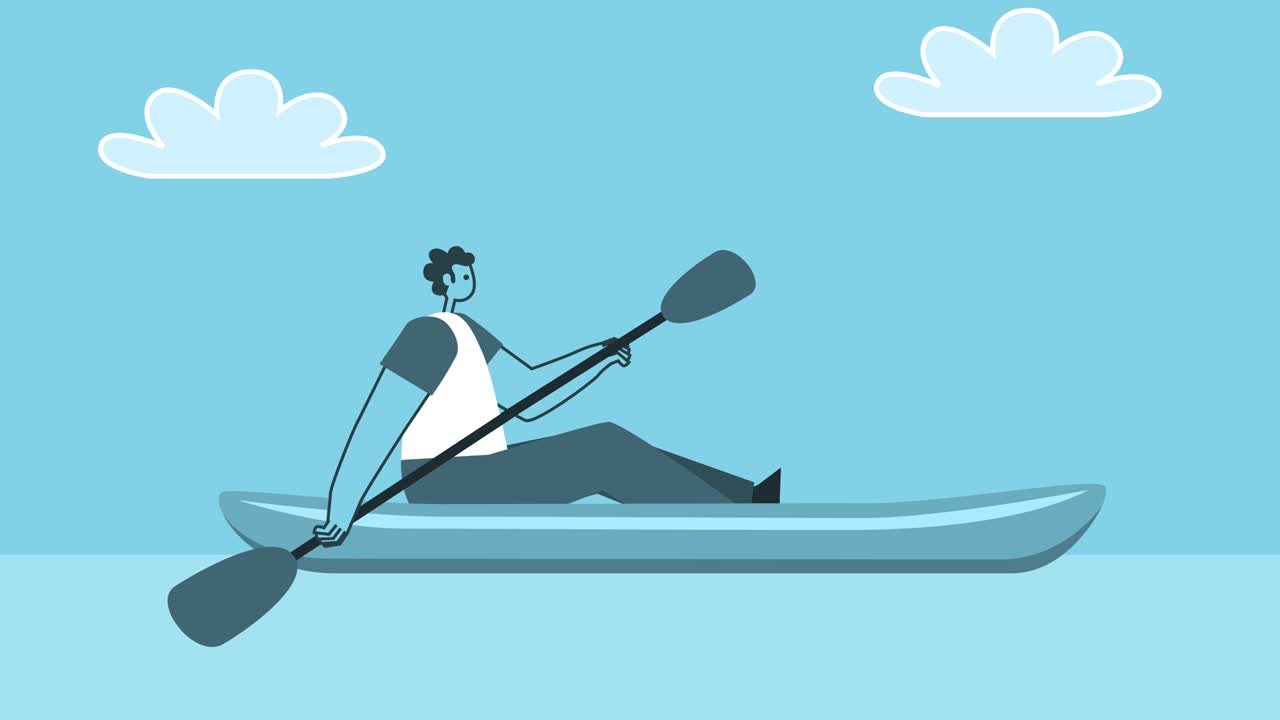 Man kayaking. Recreation, lifestyle and sport concepts. Flat Design Cartoon Character Isolated Loop 2d Animation with Alpha matte