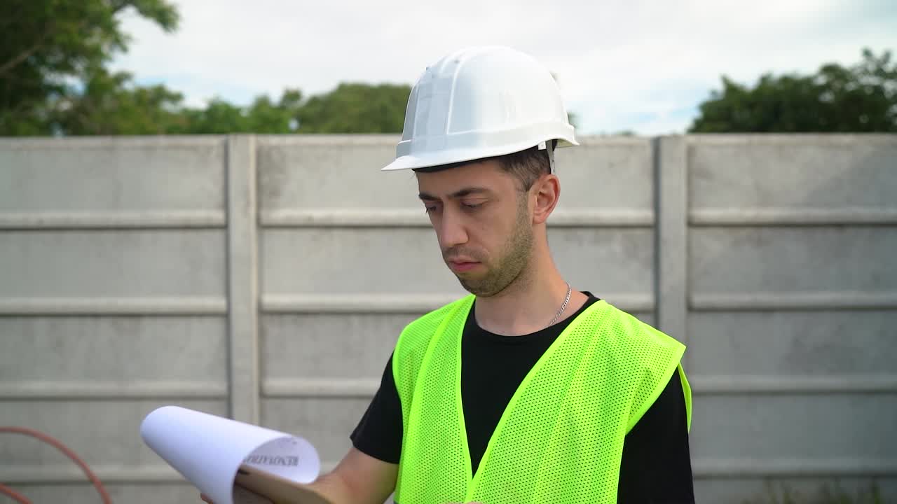 un arquitecto, con un sombrero blanco, está inspeccionando la información en un clipboard - medio de cerca