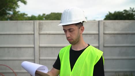 an architect, wearing a white hard hat, is inspecting the information on a clipboard - medium close up