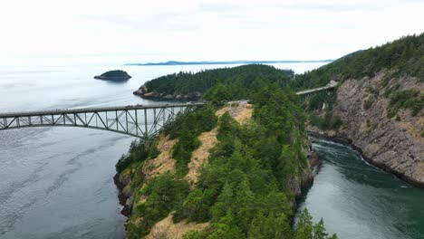 Wide-aerial-shot-of-Deception-Pass-bridge-in-Washington