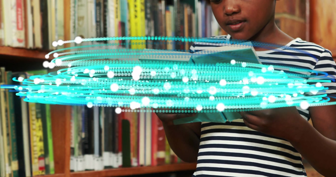 Child reading book in library with digital data animation overlay