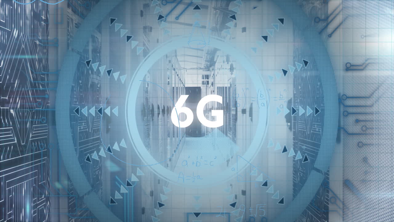 animazione di testo 6g e freccia in cerchi di caricamento su modello di scheda di circuito sulla stanza del server