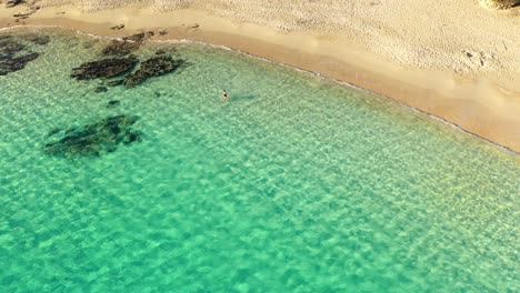 Toma-Aérea-De-Una-Joven-Caminando-Hacia-Aguas-Turquesas-Extremadamente-Claras-En-La-Playa-De-Teurredda-En-El-Sur-De-Cerdeña,-Italia-En-Un-Día-Soleado