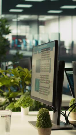 vertical video business graphs and kpi metrics on pc displays in office