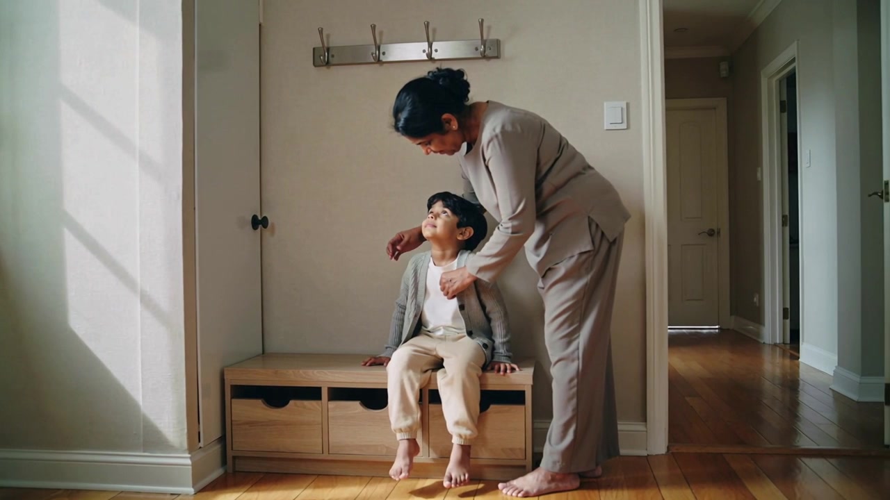 Leaning mother helping son into grey cardigan at home entryway, preparing for school