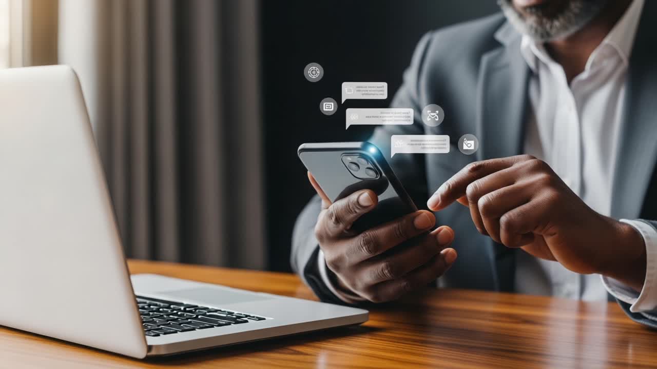 A Business Professional Engaged with Modern Communication While Working on a Laptop, Incorporating a Smartphone for Multitasking and Connectivity in the Digital Age