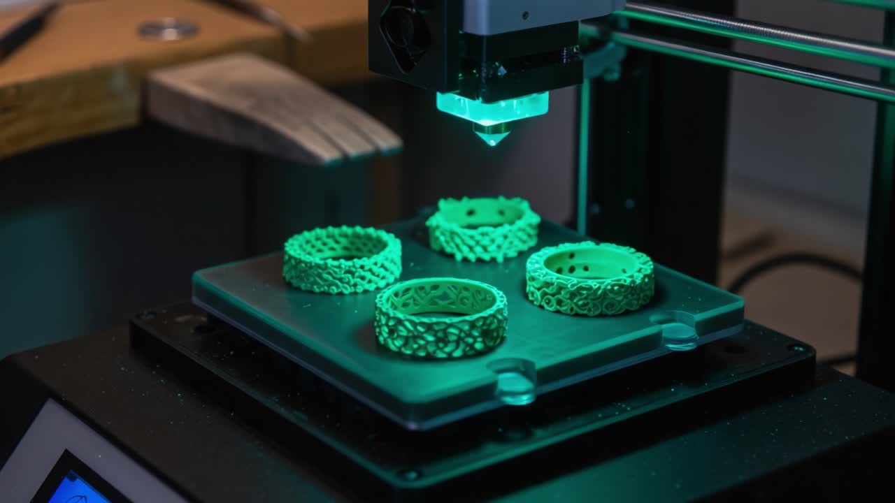 Innovative 3D Printing Process Captured: A Close-Up of Exquisite Jewelry Designs Emerging from a Cutting-Edge Machine Workshop