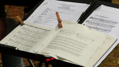 music stand with notes of a bass player, outside