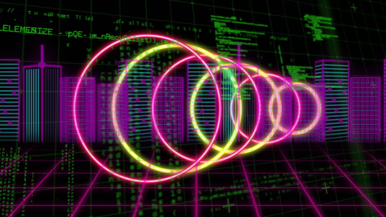 Animation of neon circle over metaverse city and data processing on black background