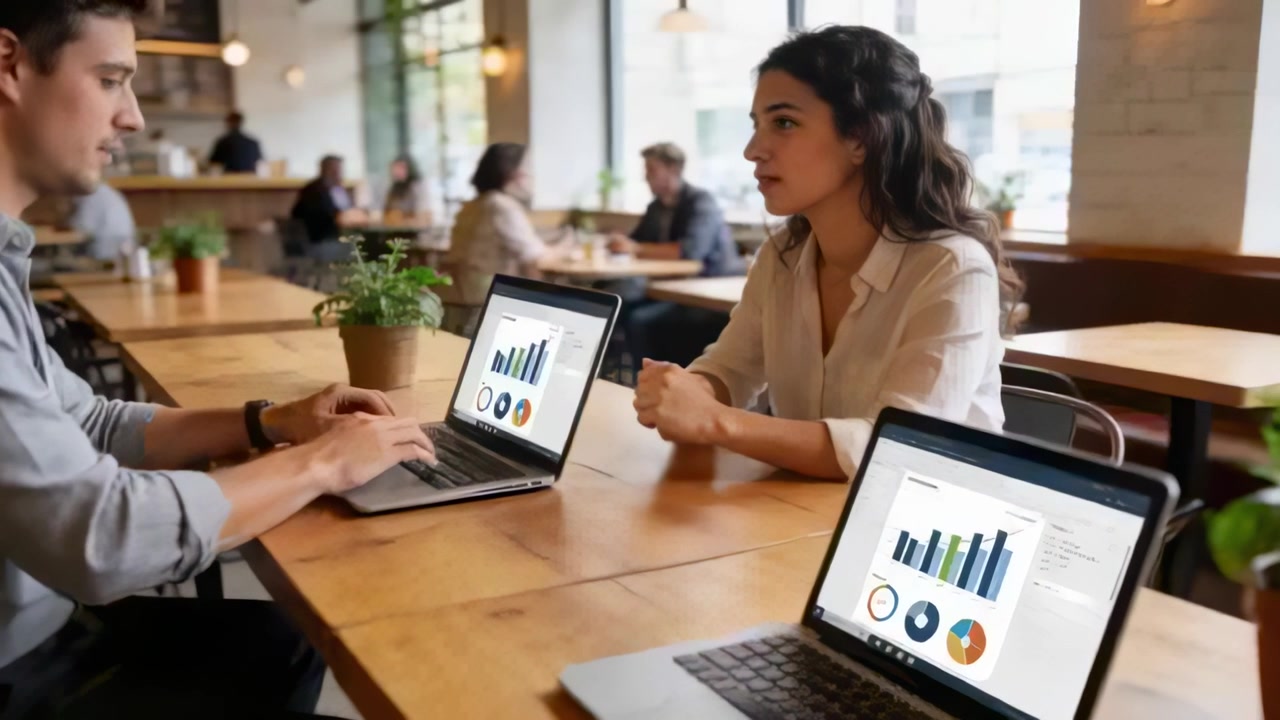 En kvinne i bluse starter en diskusjon, forklarer diagrammer og gjennomgår data på en kafé, med bærbare datamaskiner.