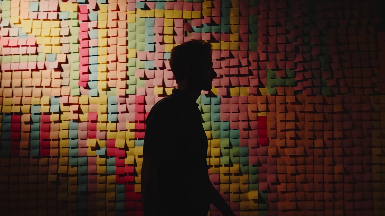 Persona silueteada de perfil caminando por una pared interior cubierta con una densa cuadrícula de notas adhesivas multicolores, creando un fuerte contraste, una cálida luz de contorno y una atmósfera de oficina creativa