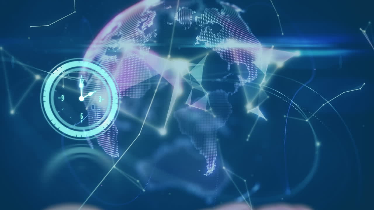 animación del reloj sobre la red de conexiones y el globo